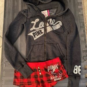 Lot 2 Victoria’s Secret Love Pink 86 Gray Hoodie & Red Plaid Shortie Shorts XS